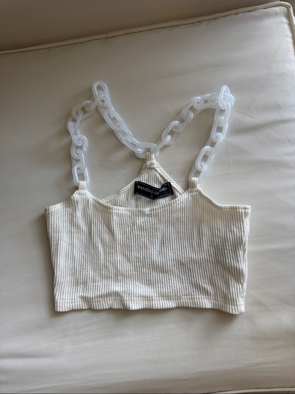 Cream Ribbed Crop Tank with Clear Chain Straps